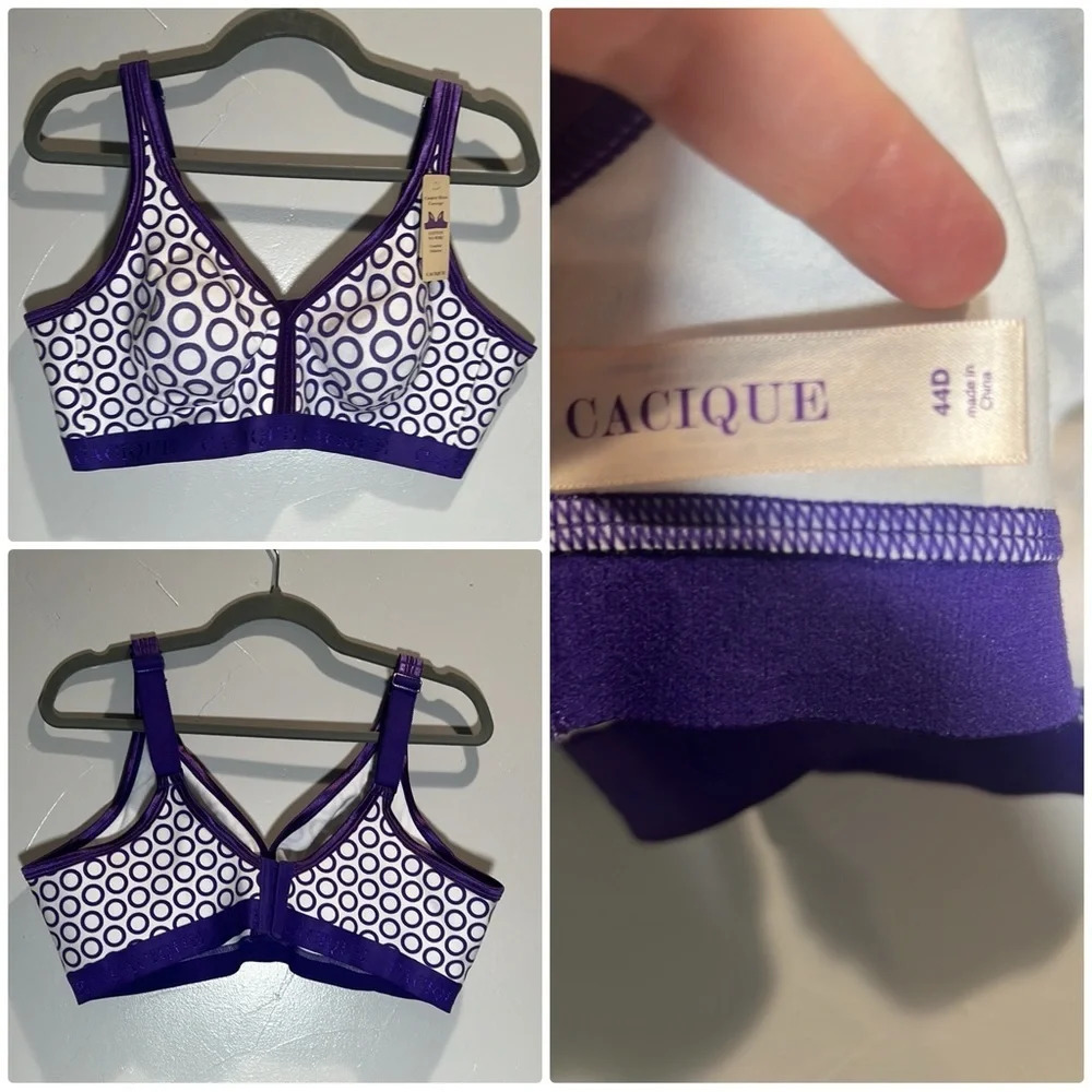Cacique Cotton Unlined No Wire Purple White Size 44D NWT